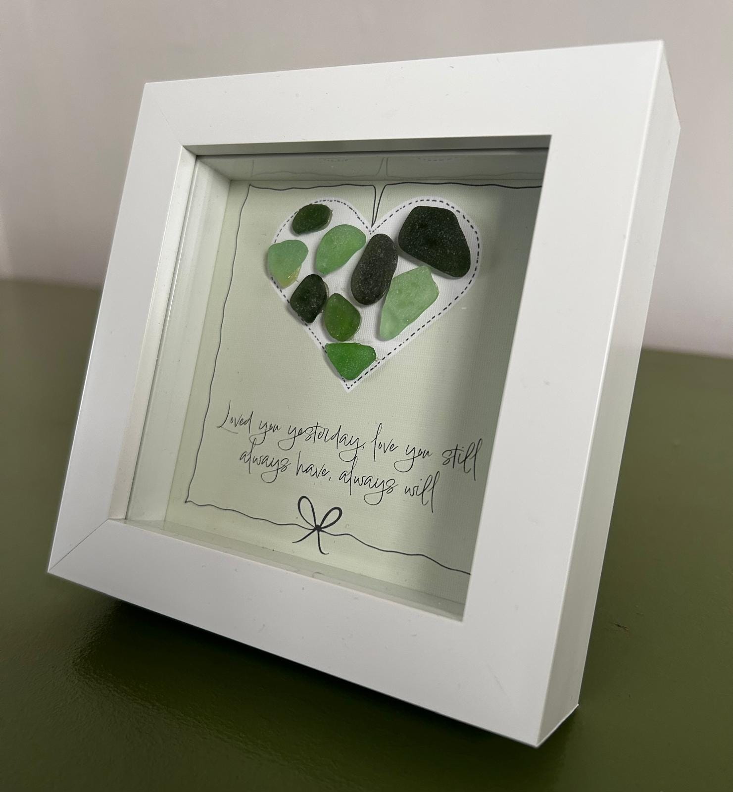 Sea Glass Love Quote Art – Handmade 5x5 Green Coastal Picture Romantic Cornish Gift Green