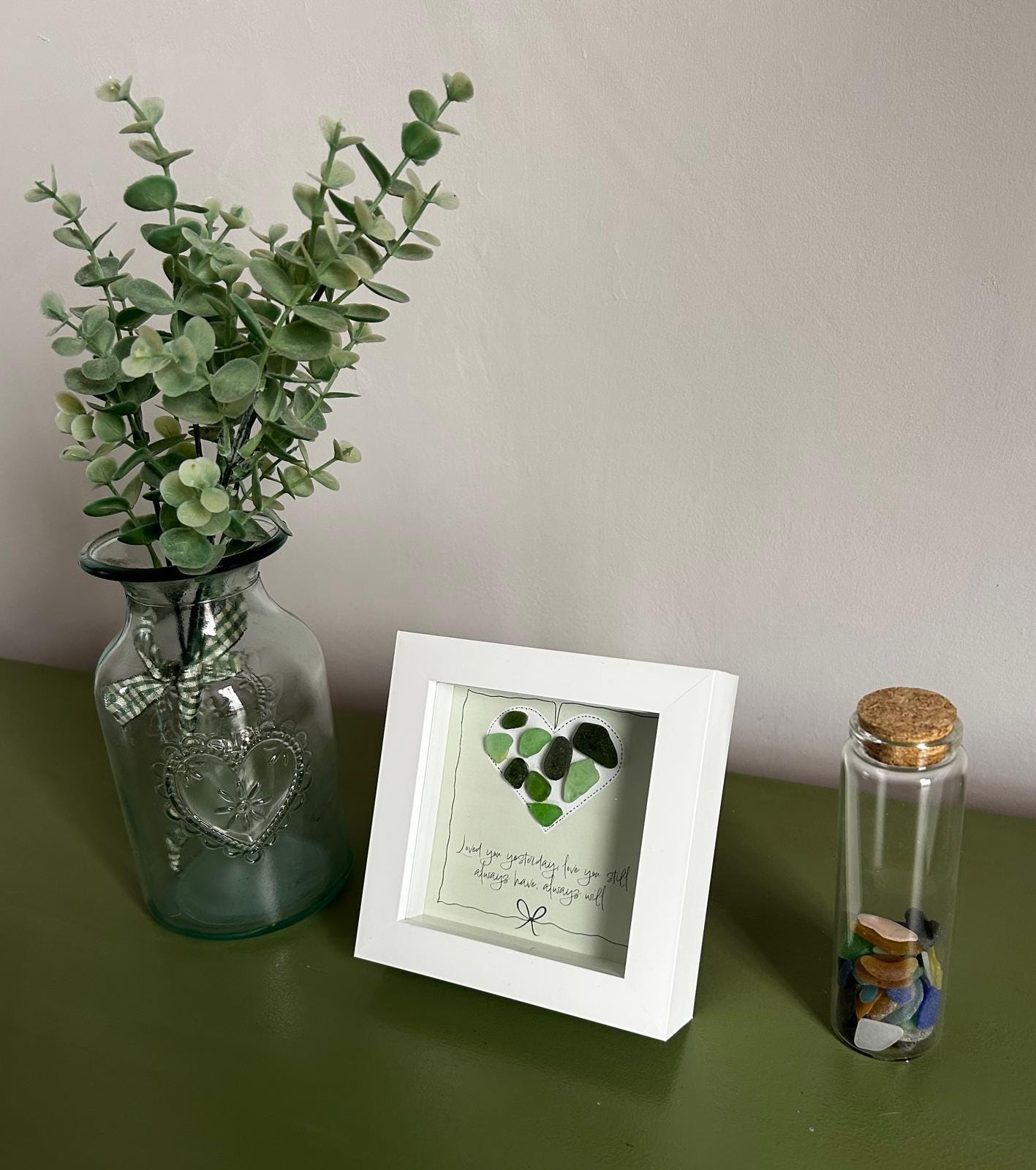Sea Glass Love Quote Art – Handmade 5x5 Green Coastal Picture Romantic Cornish Gift Green