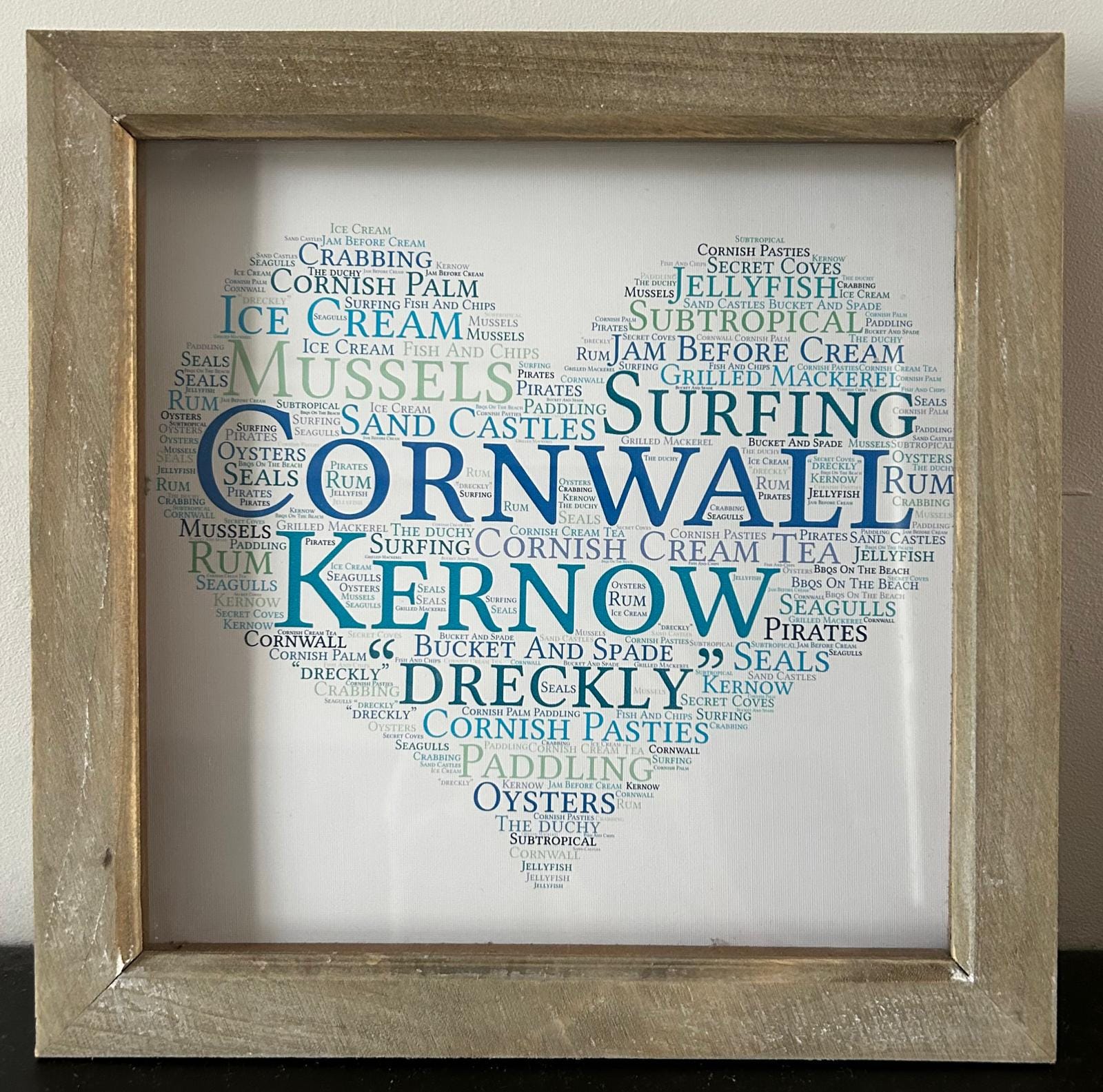Cornwall Word Heart Print: Coastal Blue Wall Art in Rustic Frame