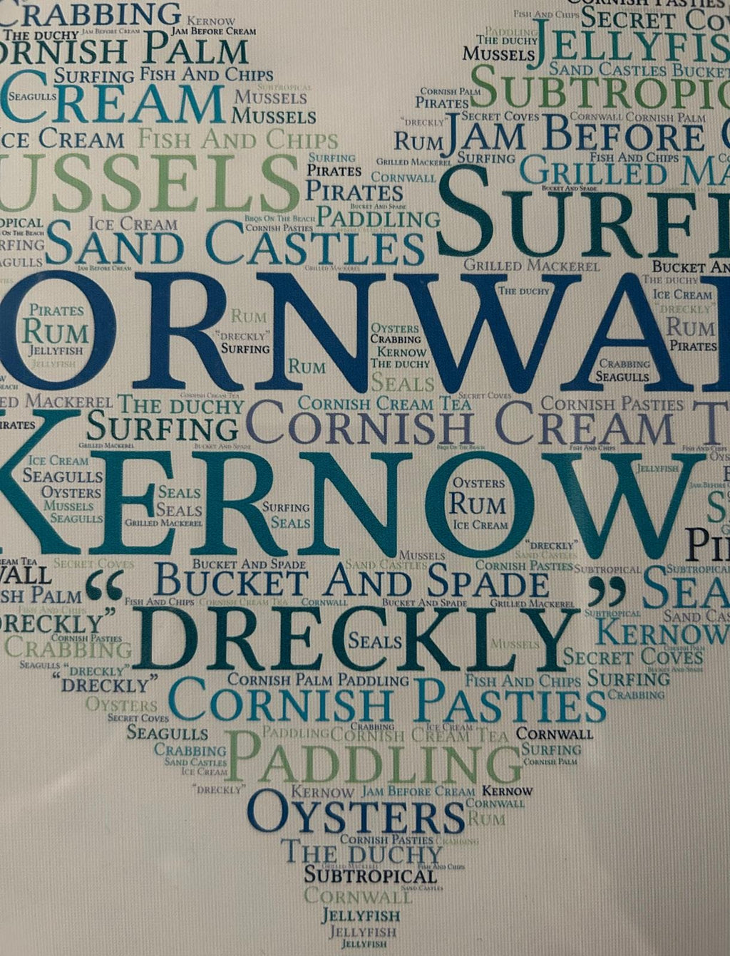 Cornwall Word Heart Print: Coastal Blue Wall Art in Rustic Frame