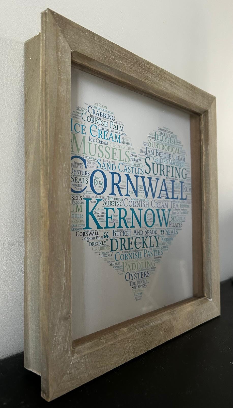 Cornwall Word Heart Print: Coastal Blue Wall Art in Rustic Frame