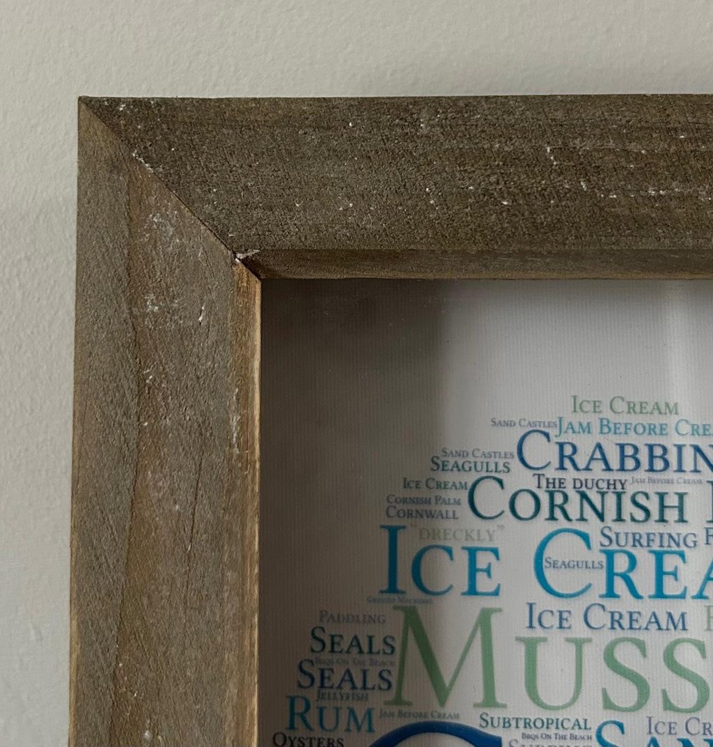 Cornwall Word Heart Print: Coastal Blue Wall Art in Rustic Frame