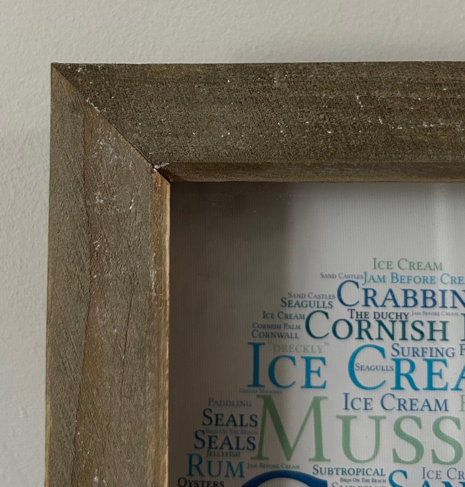 Cornwall Word Heart Print: Coastal Blue Wall Art in Rustic Frame