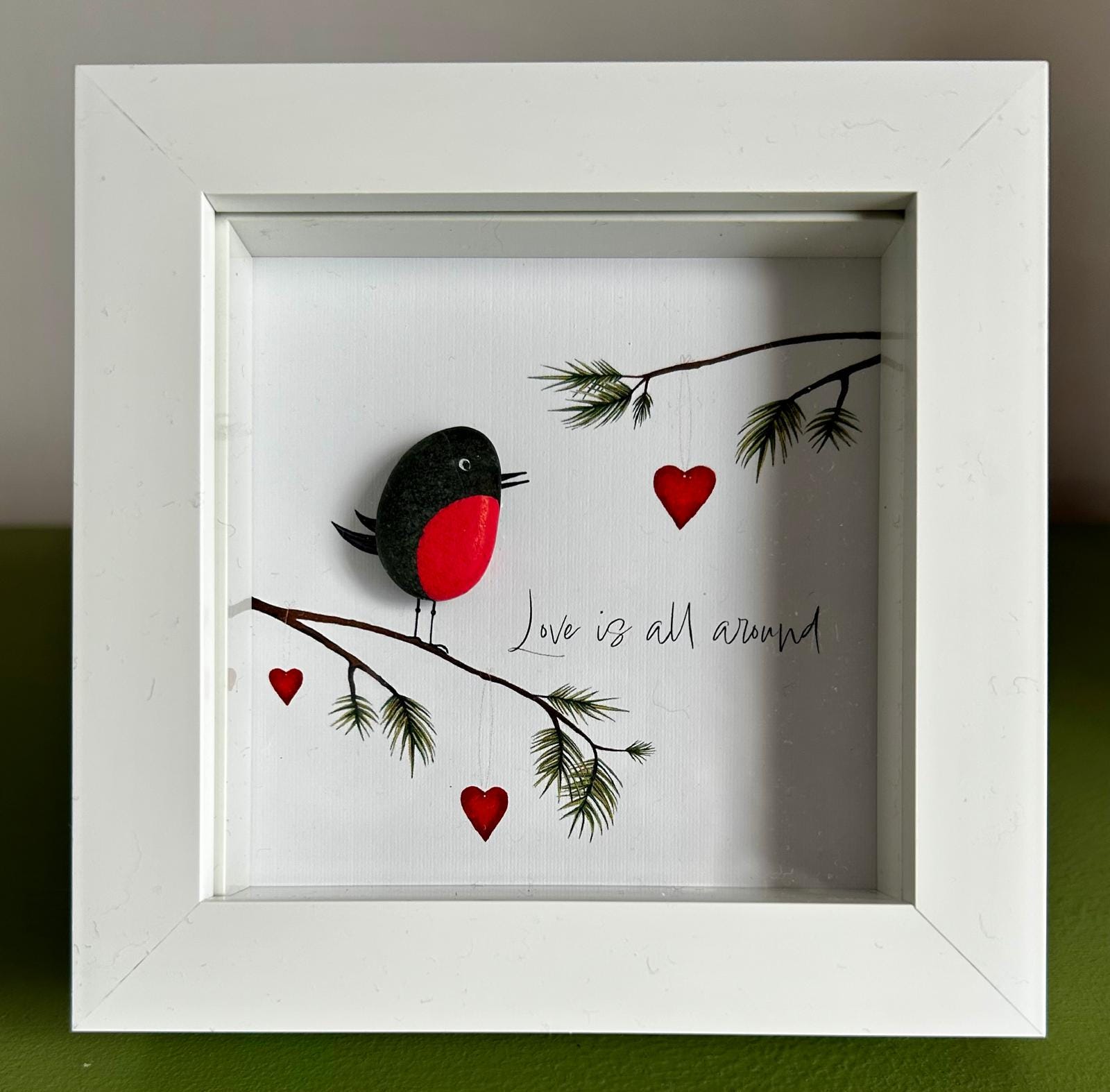 Robin Pebble Art – Handmade 5x5 Framed Gift with Quote “Love is All Around”