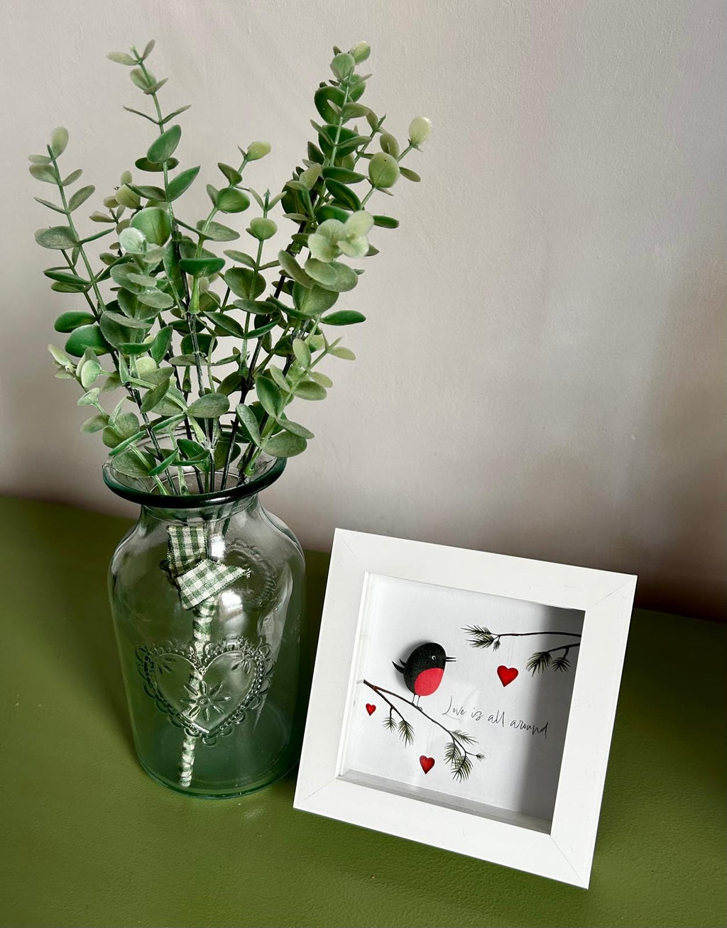 Robin Pebble Art – Handmade 5x5 Framed Gift with Quote “Love is All Around”