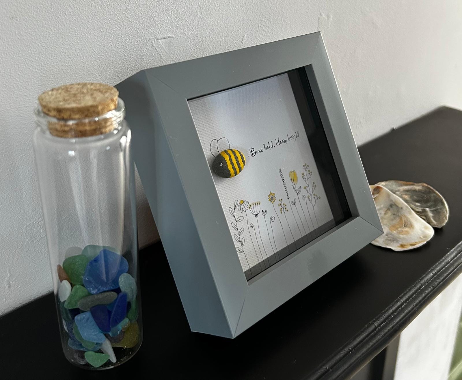 Pebble Bee Art: 'Buzz Bold, Bloom Bright' - Framed Nature Decor
