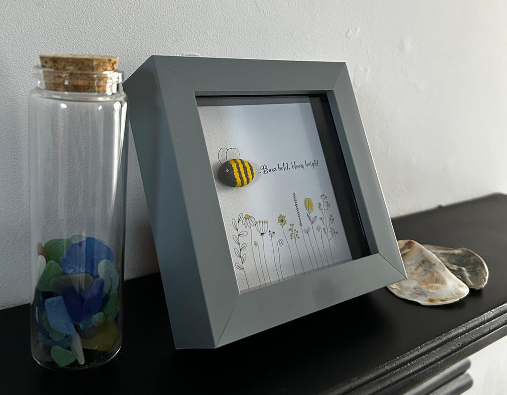 Pebble Bee Art: 'Buzz Bold, Bloom Bright' - Framed Nature Decor