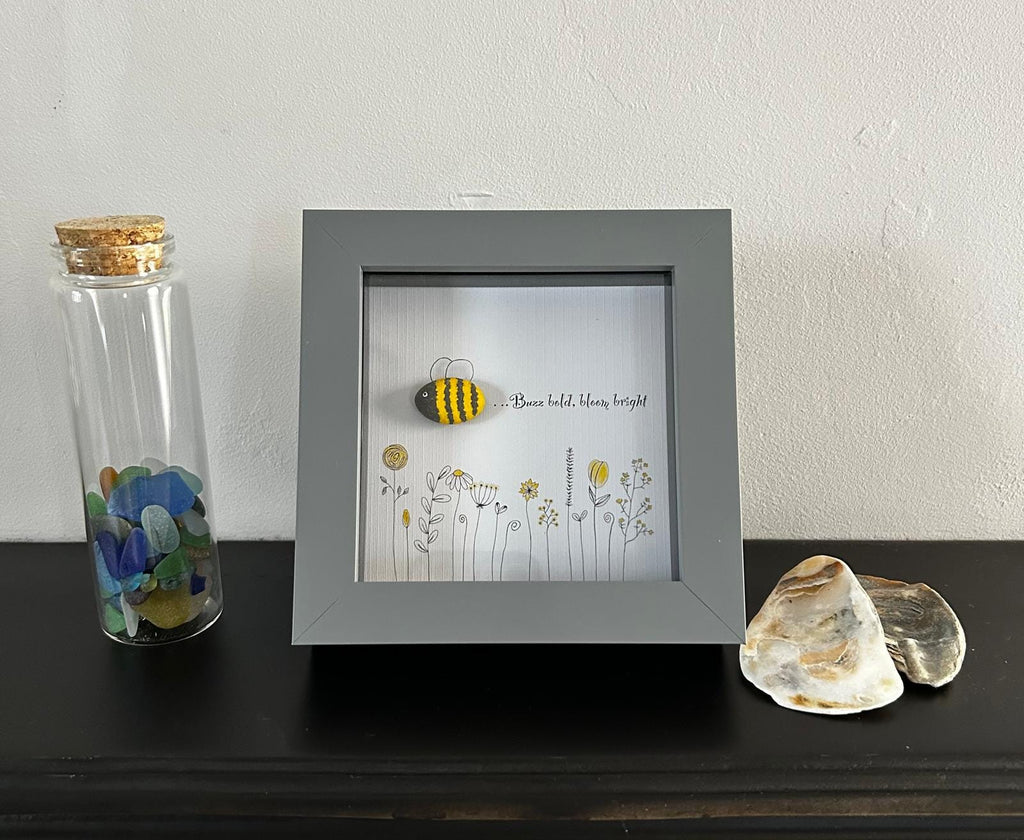 Pebble Bee Art: 'Buzz Bold, Bloom Bright' - Framed Nature Decor