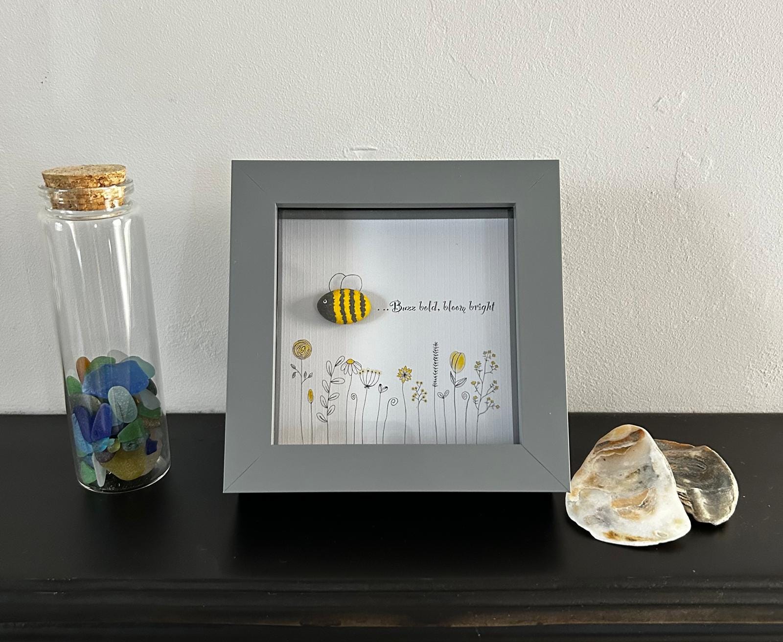 Pebble Bee Art: 'Buzz Bold, Bloom Bright' - Framed Nature Decor