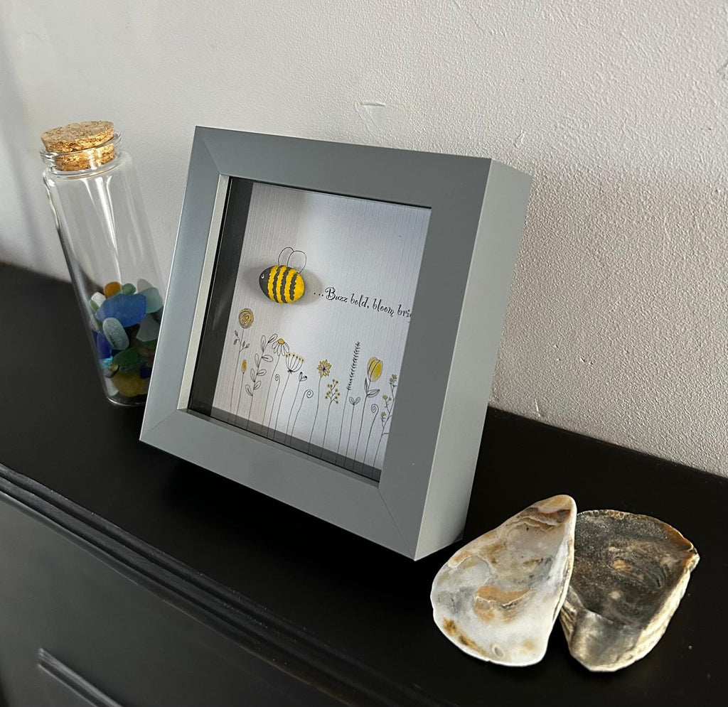 Pebble Bee Art: 'Buzz Bold, Bloom Bright' - Framed Nature Decor