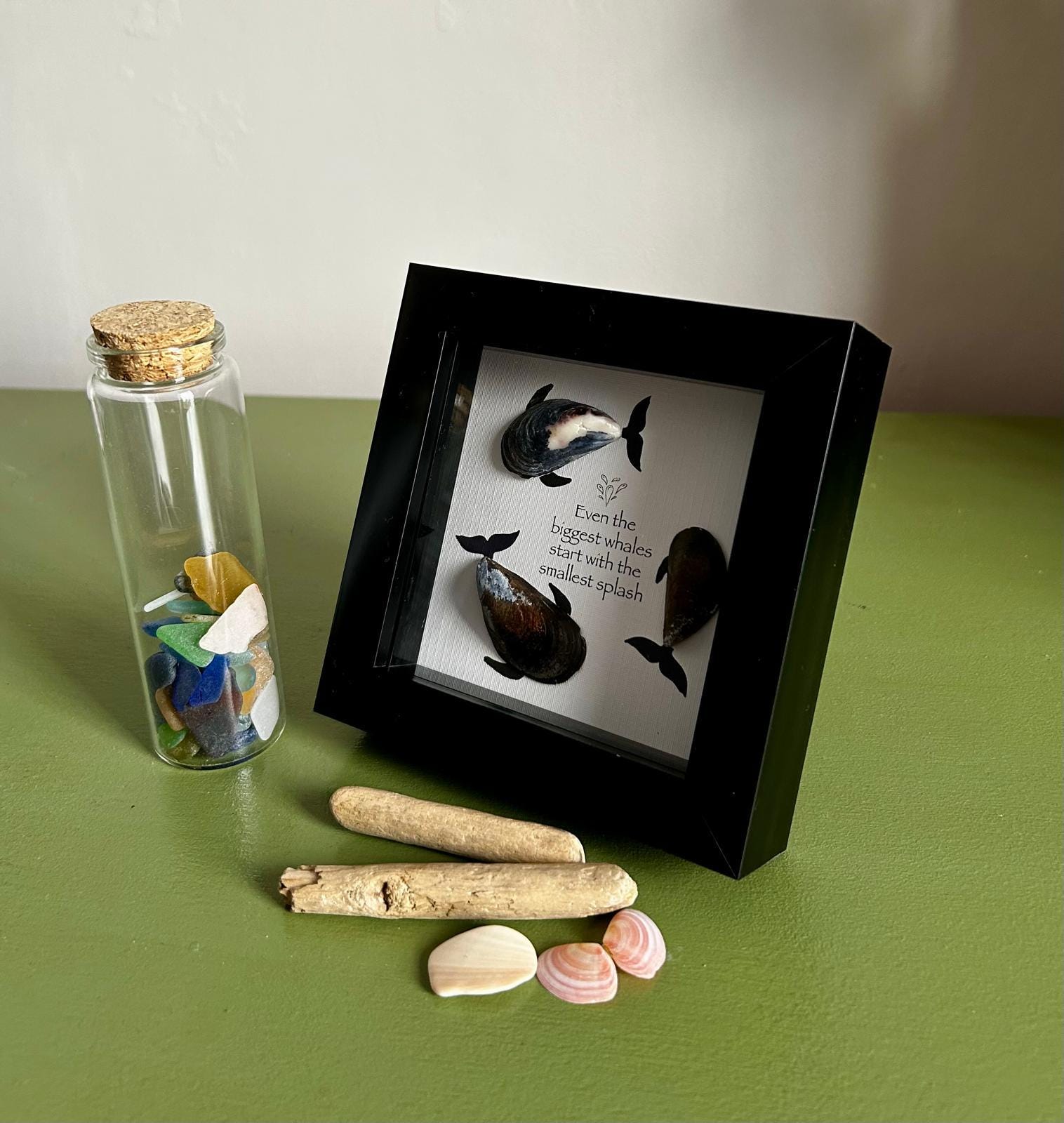 Mussel Shell Whale Art: Coastal Nursery Decor, 'Smallest Splash' Quote