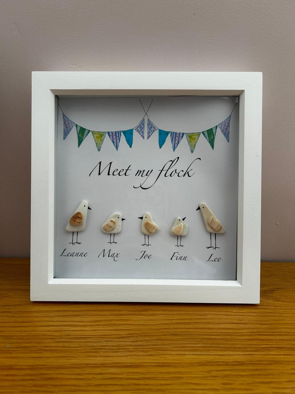 Personalised Pebble & shell Seagull Family – Coastal Home Decor with Custom Names in 9x9 Frame