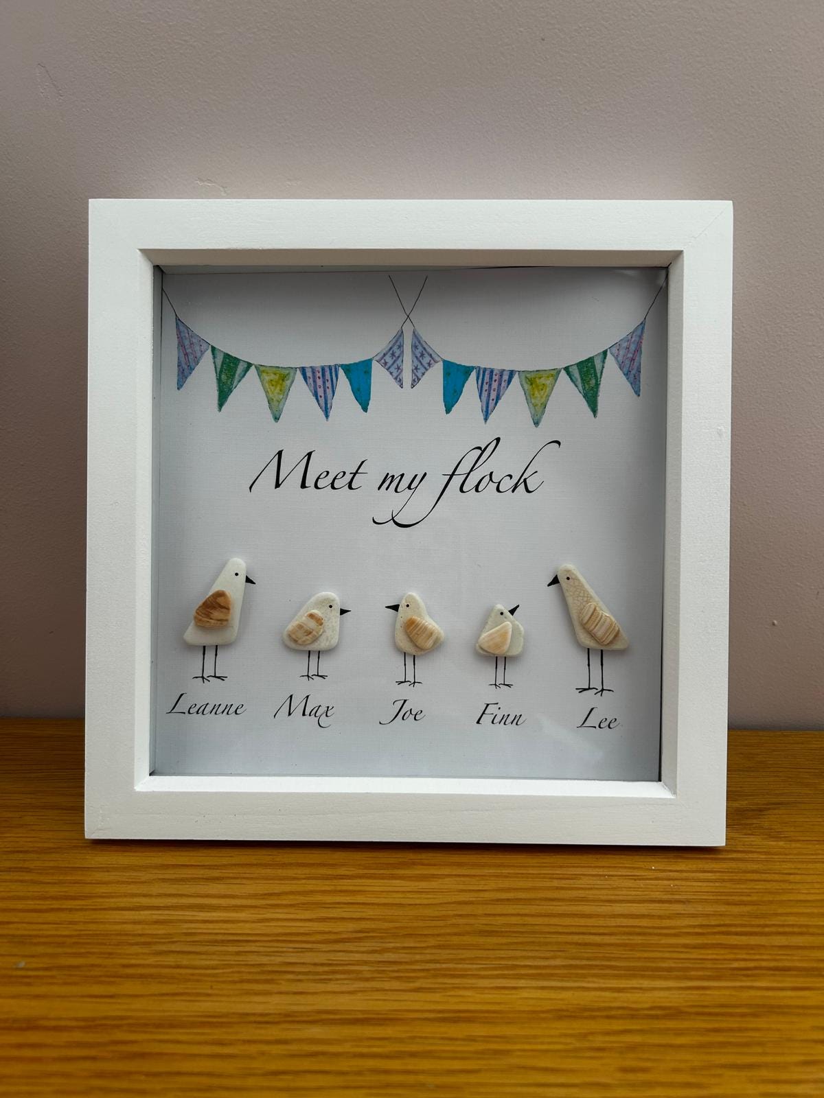 Personalised Pebble & shell Seagull Family – Coastal Home Decor with Custom Names in 9x9 Frame