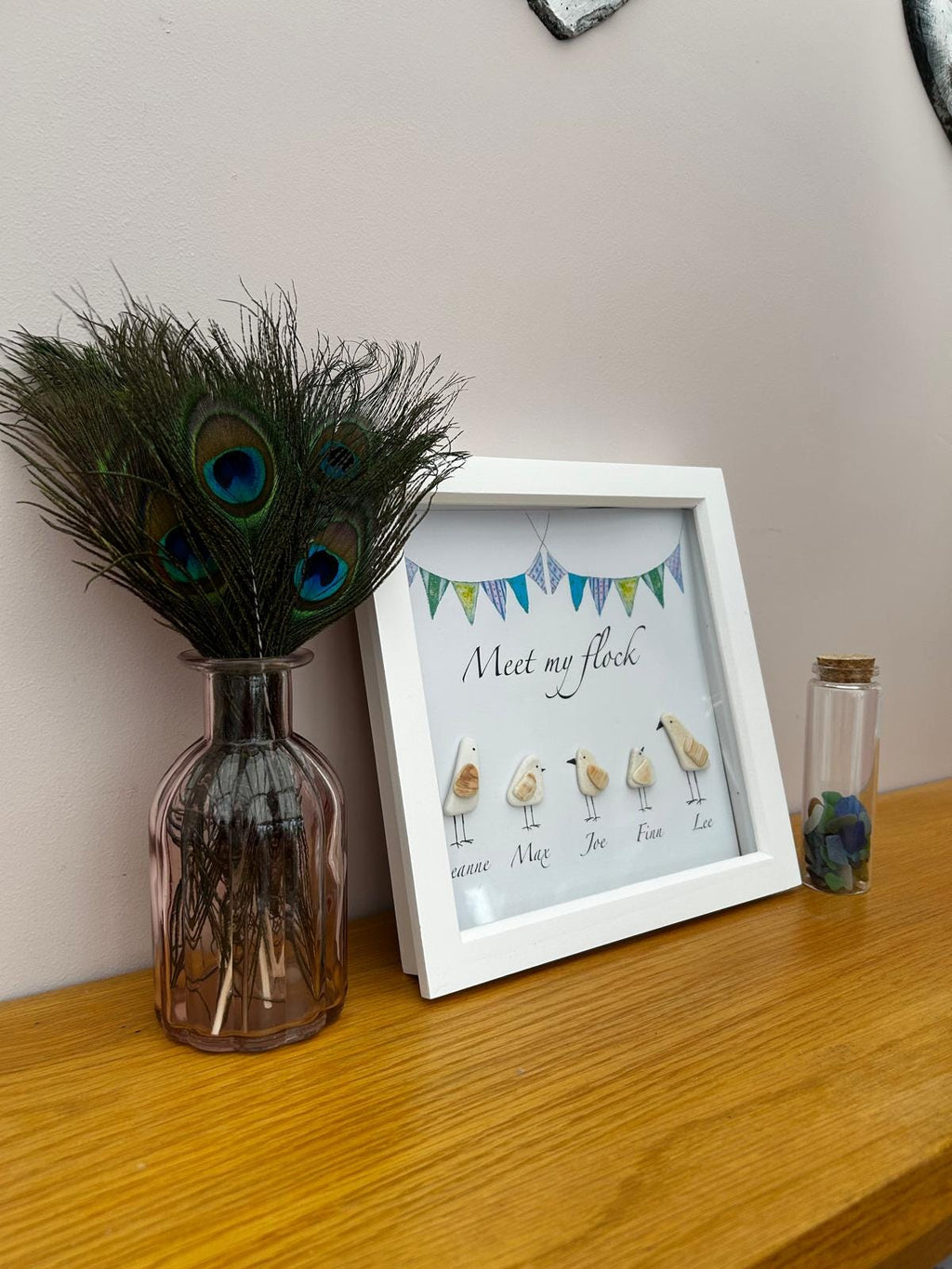 Personalised Pebble & shell Seagull Family – Coastal Home Decor with Custom Names in 9x9 Frame