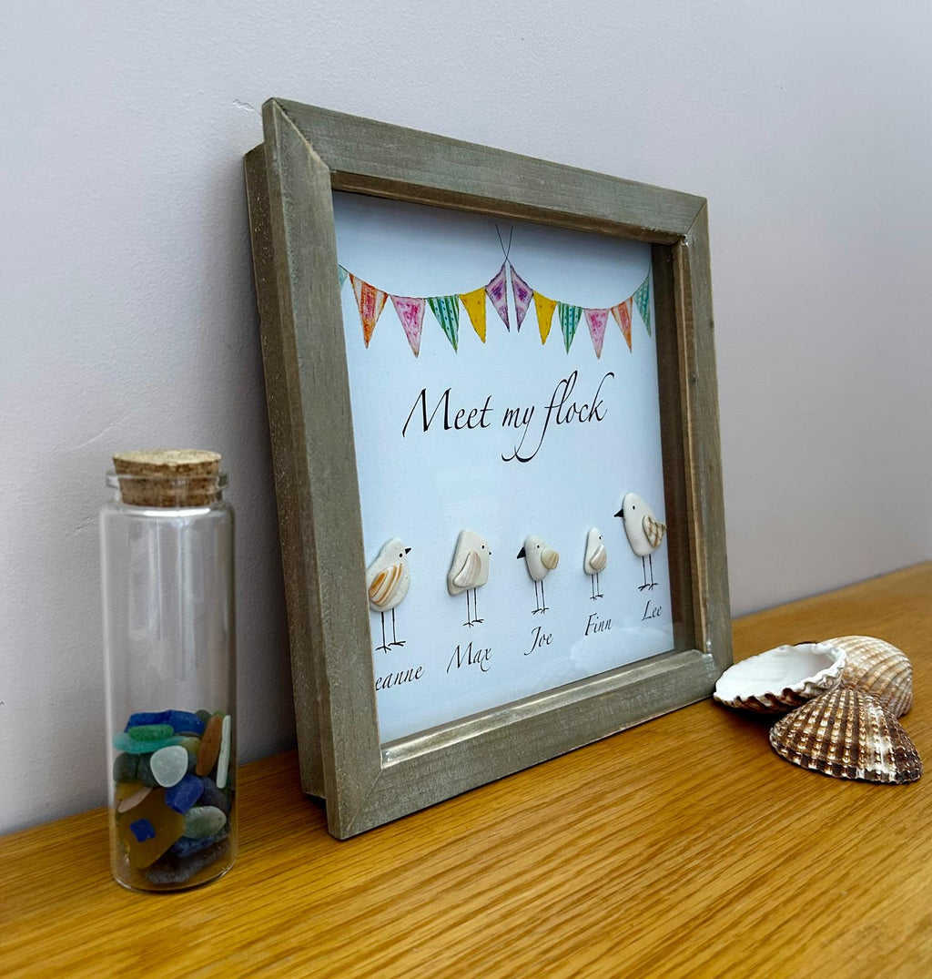 Personalised Pebble & shell Seagull Family – Coastal Home Decor with Custom Names in 9x9 Frame