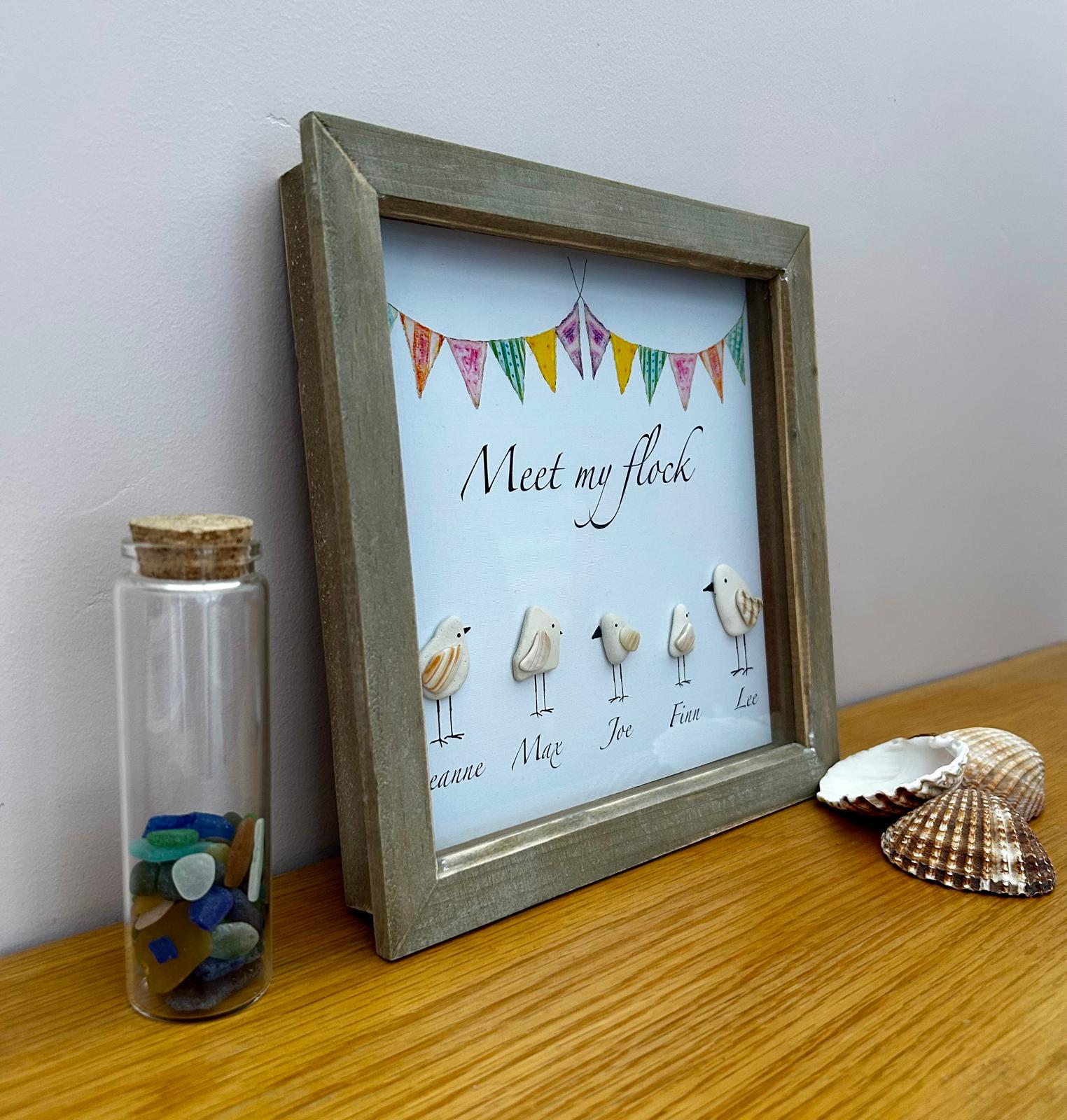 Personalised Pebble & shell Seagull Family – Coastal Home Decor with Custom Names in 9x9 Frame