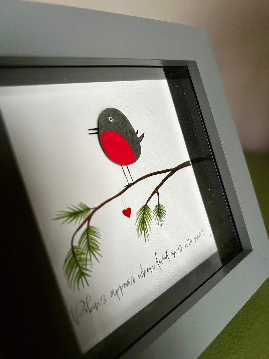 Robin Pebble Art: Handmade Remembrance Gift, 5x5 Framed