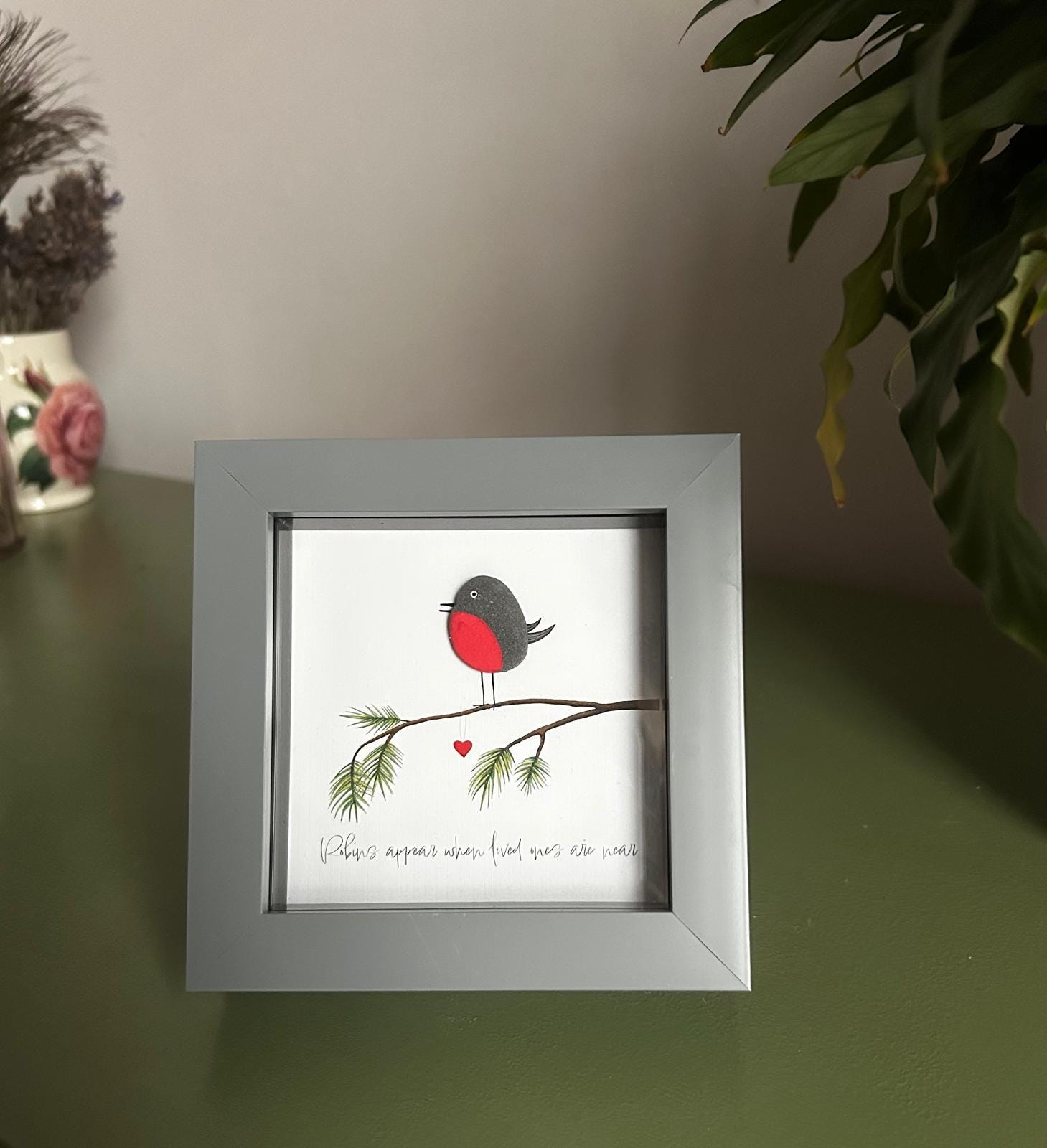 Robin Pebble Art: Handmade Remembrance Gift, 5x5 Framed