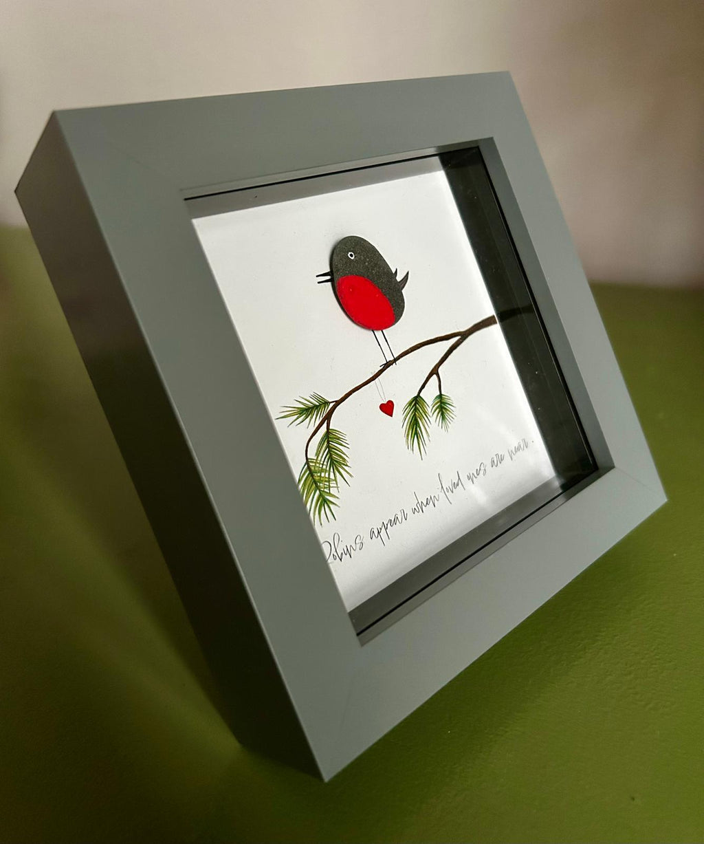 Robin Pebble Art: Handmade Remembrance Gift, 5x5 Framed