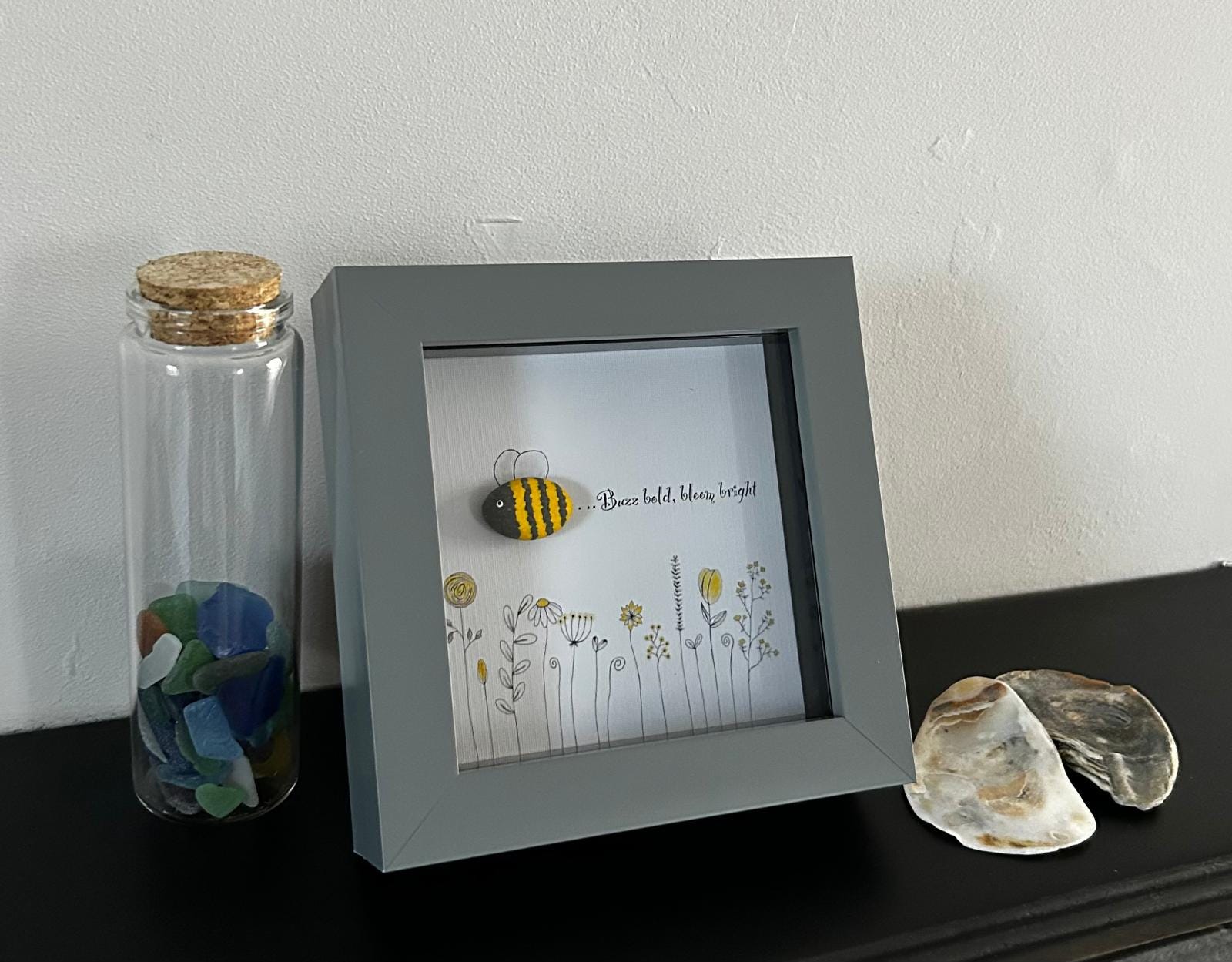 Pebble Bee Art: 'Buzz Bold, Bloom Bright' - Framed Nature Decor