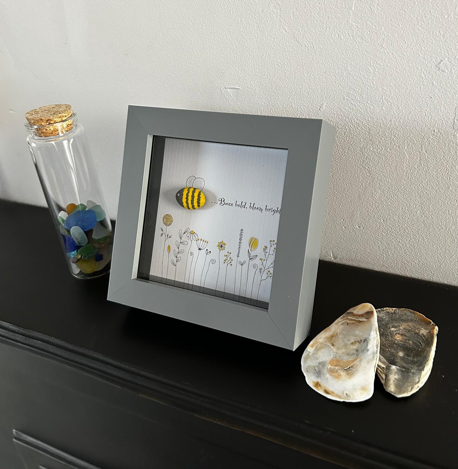 Pebble Bee Art: 'Buzz Bold, Bloom Bright' - Framed Nature Decor
