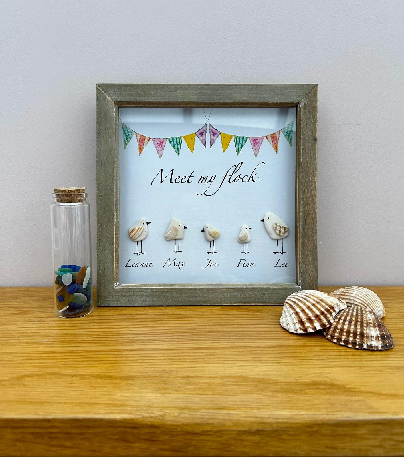 Personalised Pebble & shell Seagull Family – Coastal Home Decor with Custom Names in 9x9 Frame