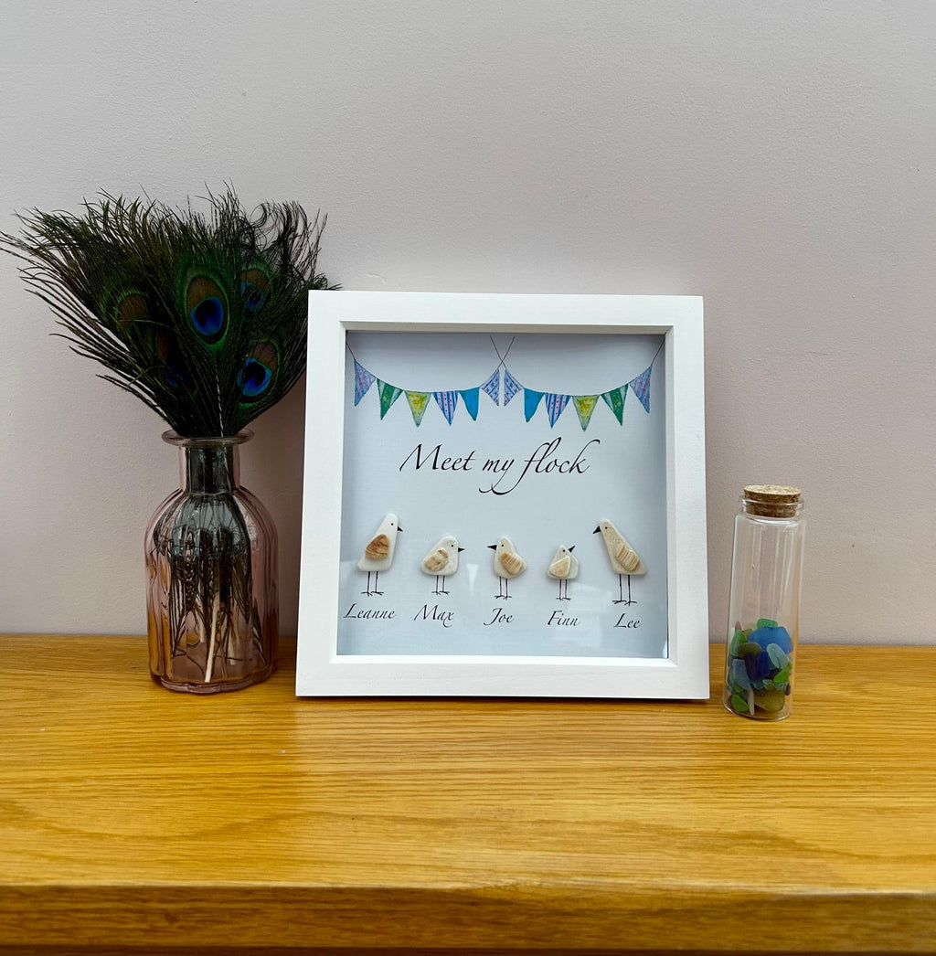 Personalised Pebble & shell Seagull Family – Coastal Home Decor with Custom Names in 9x9 Frame