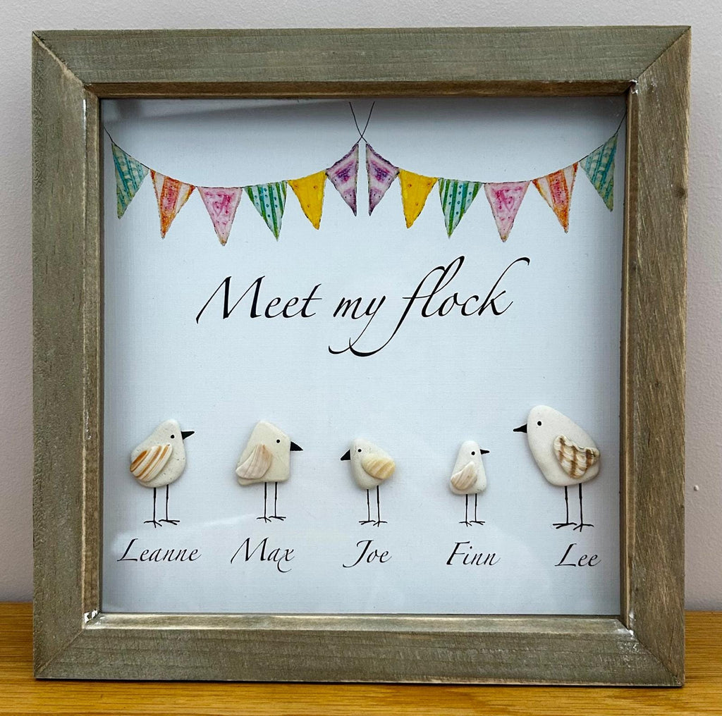 Personalised Pebble & shell Seagull Family – Coastal Home Decor with Custom Names in 9x9 Frame