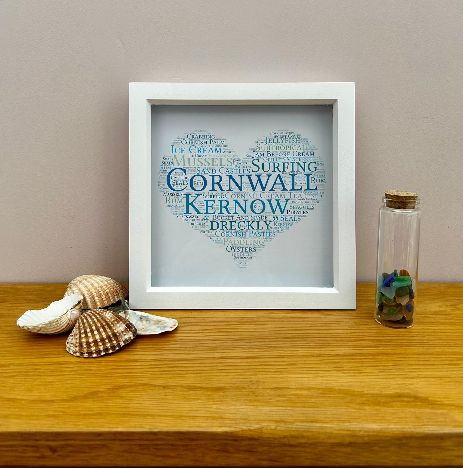 Cornwall Word Heart Print: Coastal Blue Wall Art in Rustic Frame
