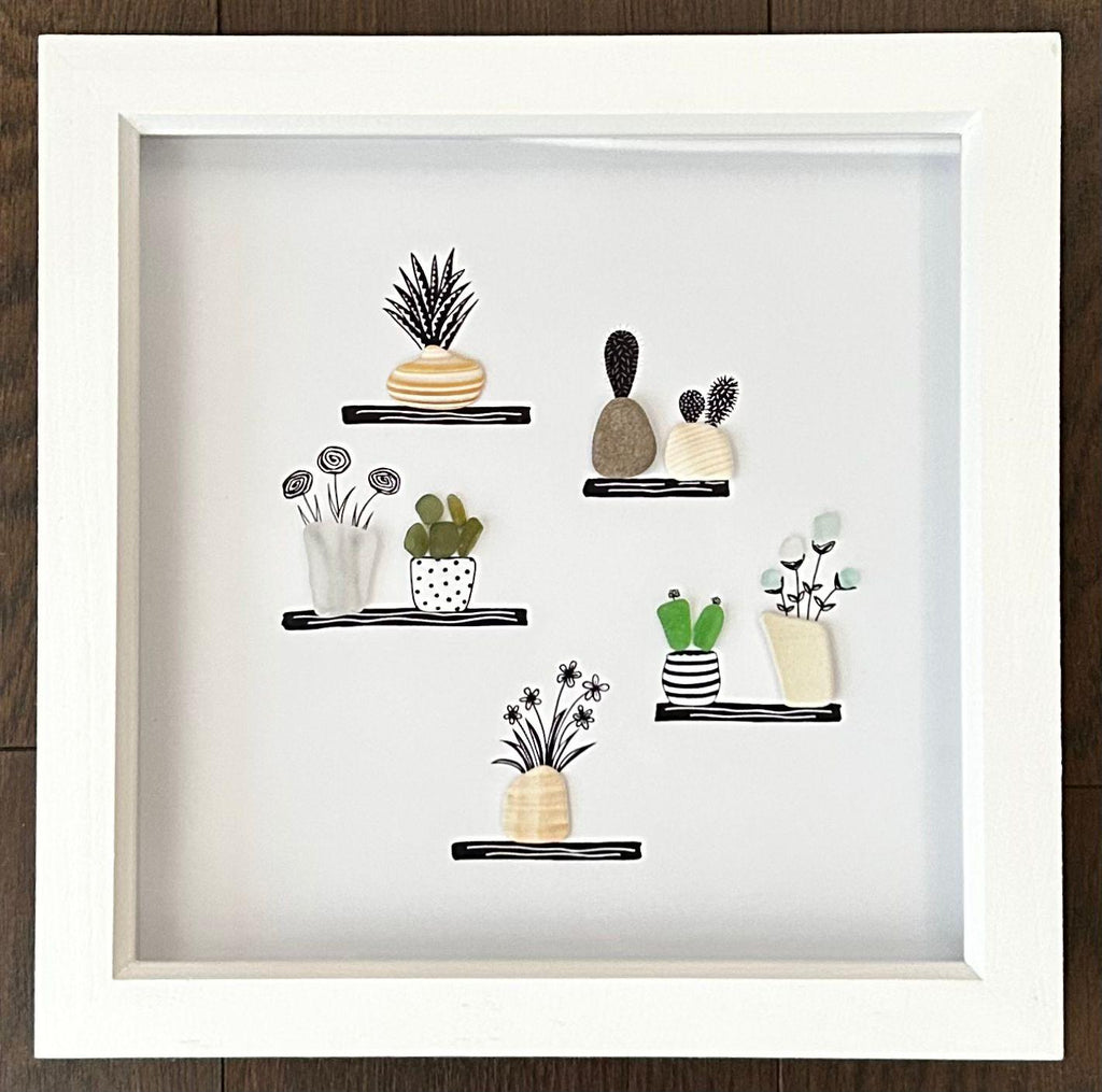 Sea Glass Flower & Pebble Plant Shelf Art – Handmade Coastal Wall Decor – Quirky Nature Picture