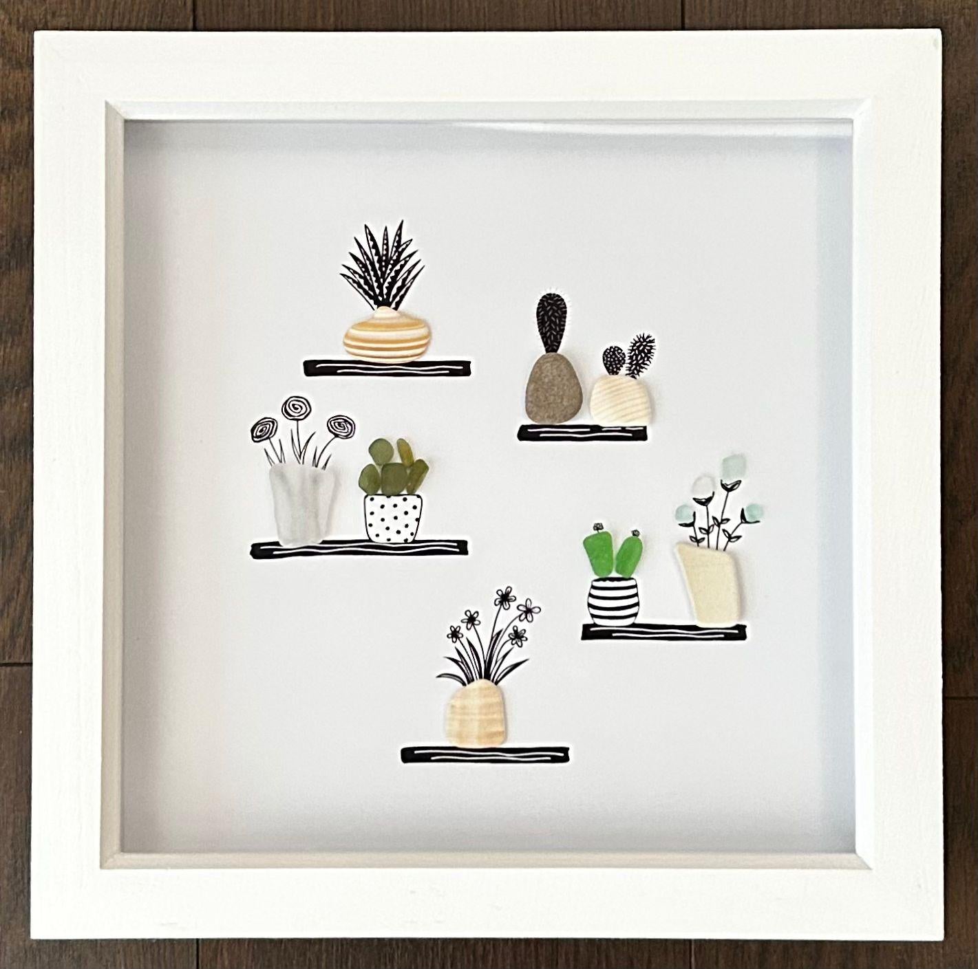 Sea Glass Flower & Pebble Plant Shelf Art – Handmade Coastal Wall Decor – Quirky Nature Picture