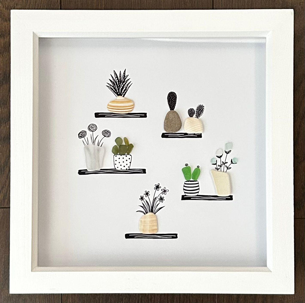 Sea Glass Flower & Pebble Plant Shelf Art – Handmade Coastal Wall Decor – Quirky Nature Picture