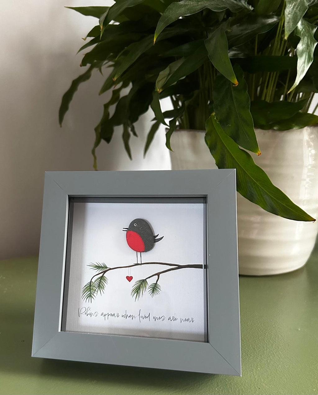 Robin Pebble Art: Handmade Remembrance Gift, 5x5 Framed