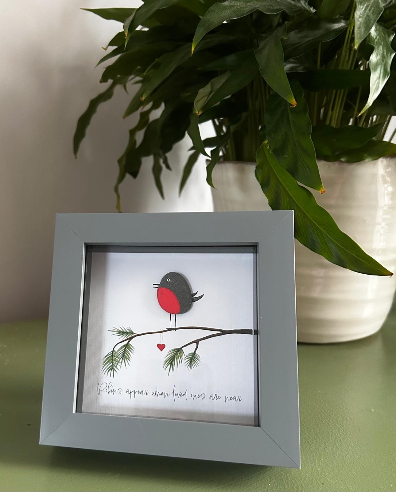 Robin Pebble Art: Handmade Remembrance Gift, 5x5 Framed