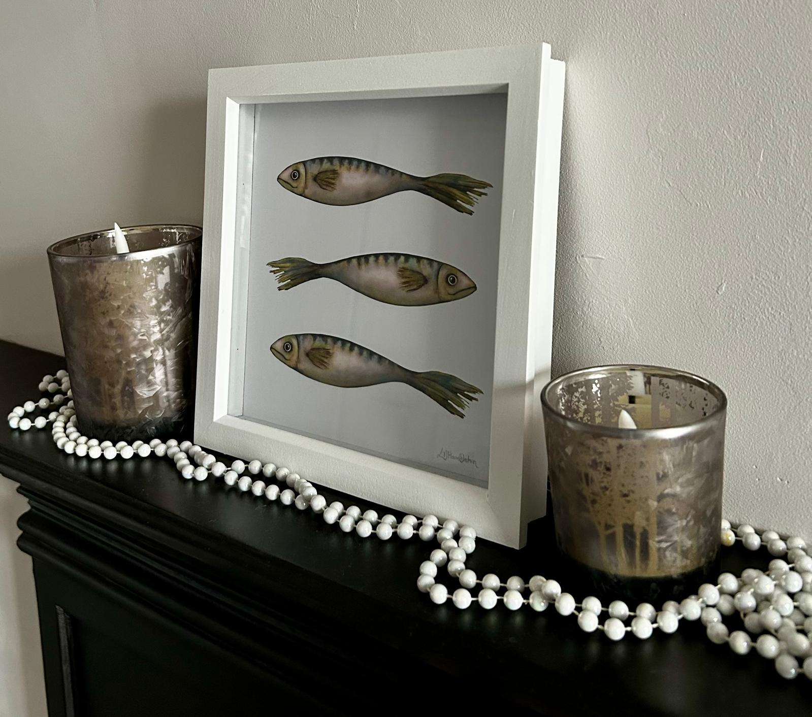 Cornish Mackerel Watercolour Print – Coastal Nautical Fish Art for Kitchen – 9x9 Framed