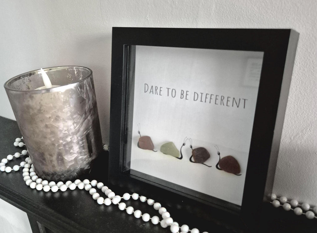Sea Glass Snail Art – Quirky Coastal Gift in 7x7 Frame – “Dare to Be Different”