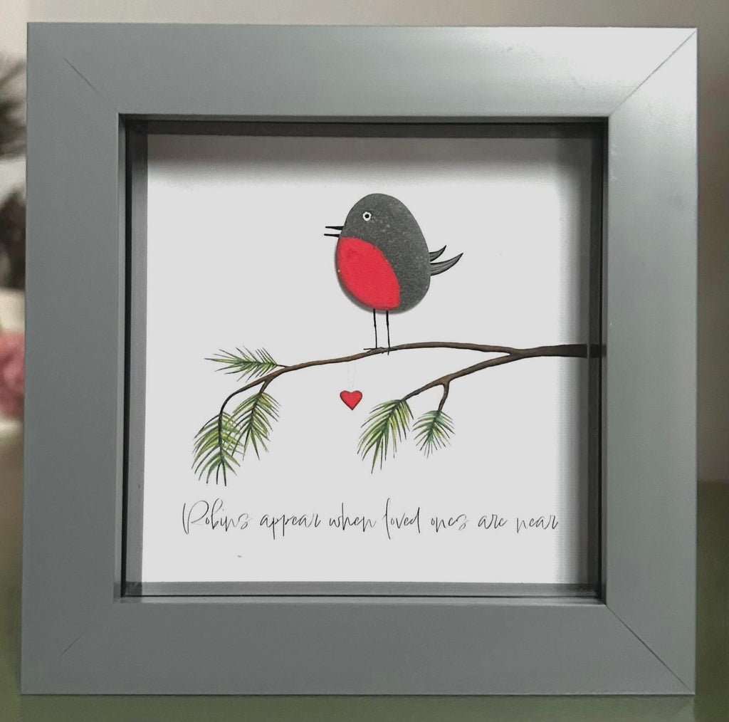 Robin Pebble Art: Handmade Remembrance Gift, 5x5 Framed