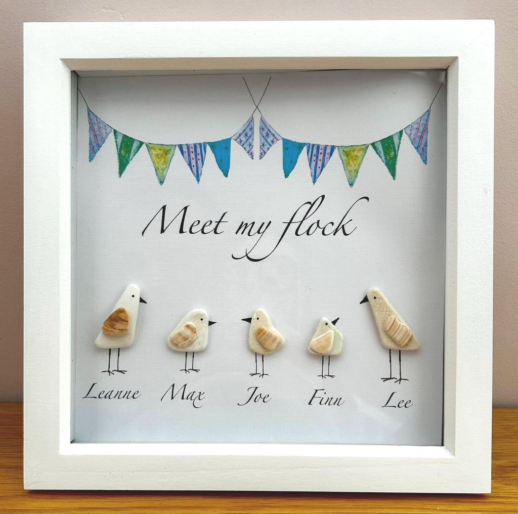 Personalised Pebble & shell Seagull Family – Coastal Home Decor with Custom Names in 9x9 Frame
