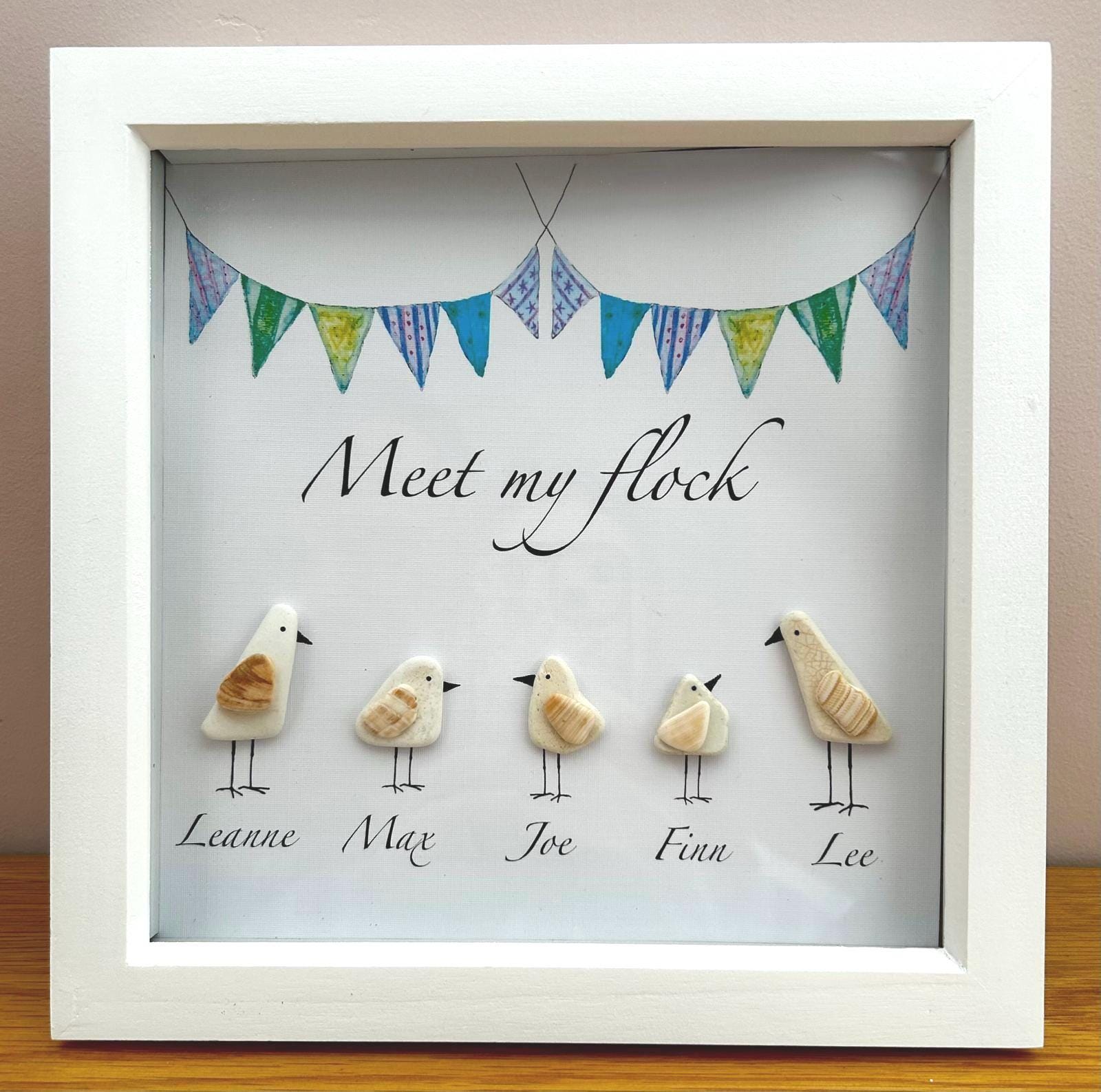Personalised Pebble & shell Seagull Family – Coastal Home Decor with Custom Names in 9x9 Frame