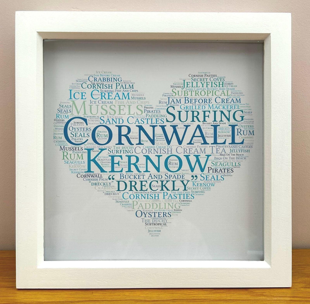 Cornwall Word Heart Print: Coastal Blue Wall Art in Rustic Frame