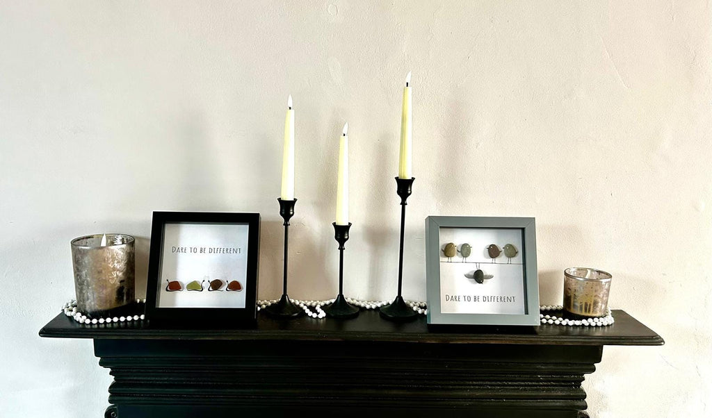 Handmade Pebble Bird Art – Coastal Decor in 7x7 Frame – “Dare to Be Different” Gift