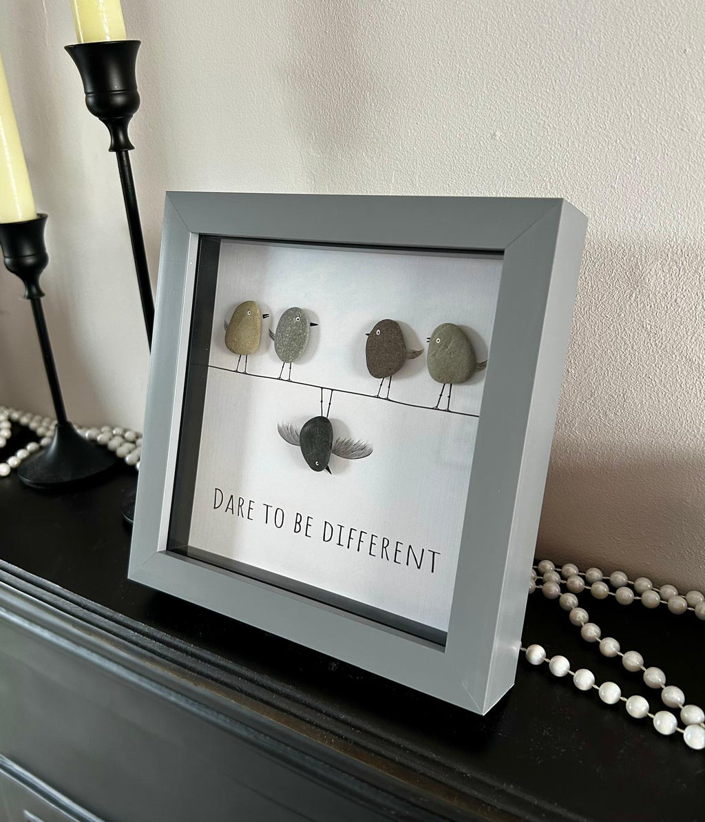 Handmade Pebble Bird Art – Coastal Decor in 7x7 Frame – “Dare to Be Different” Gift