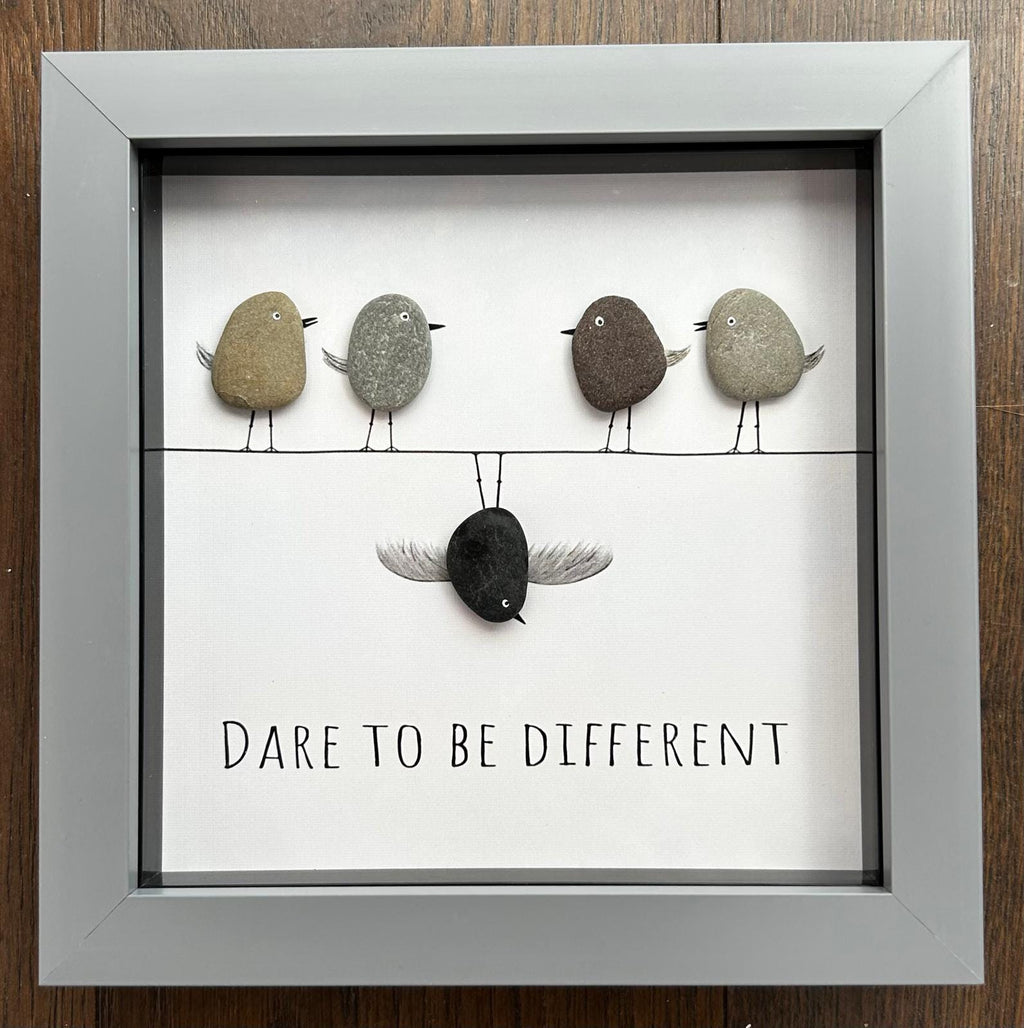Handmade Pebble Bird Art – Coastal Decor in 7x7 Frame – “Dare to Be Different” Gift