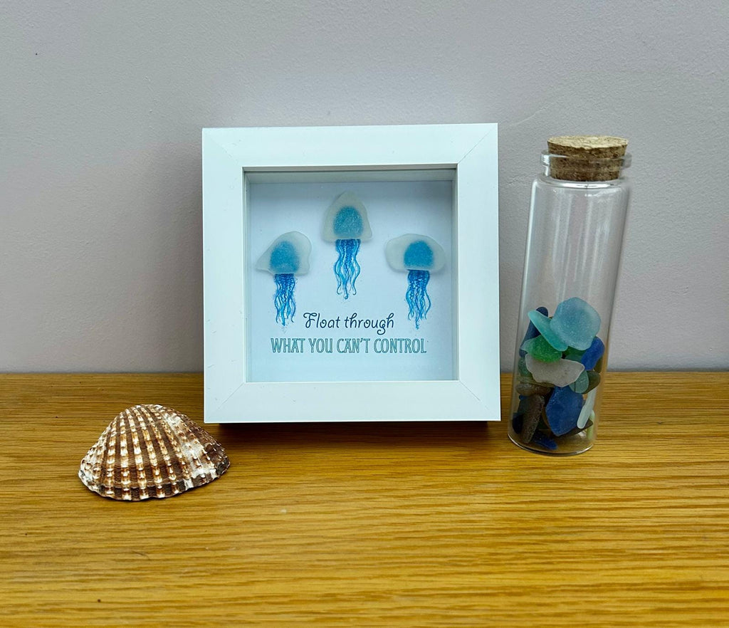 Sea Glass Jellyfish Art: Coastal Picture with Calming Quote