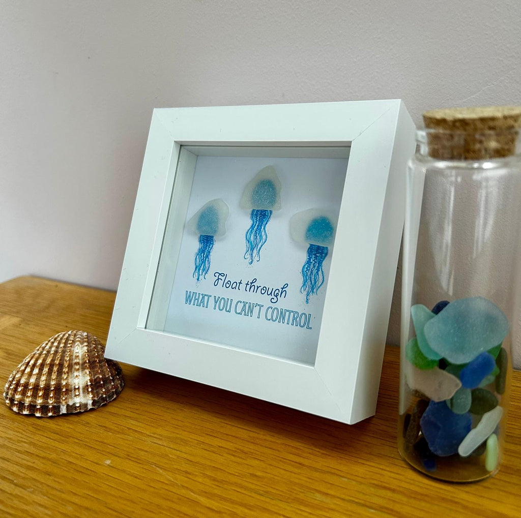 Sea Glass Jellyfish Art: Coastal Picture with Calming Quote