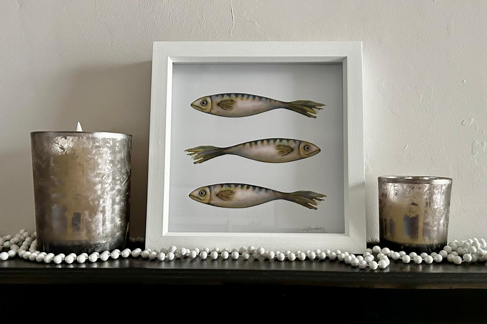 Cornish Mackerel Watercolour Print – Coastal Nautical Fish Art for Kitchen – 9x9 Framed