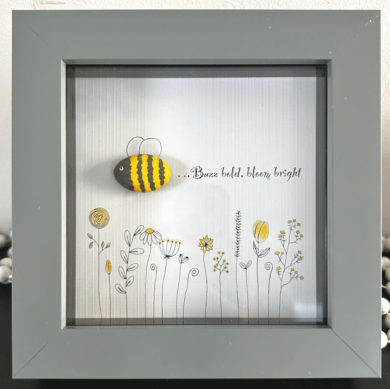 Pebble Bee Art: 'Buzz Bold, Bloom Bright' - Framed Nature Decor