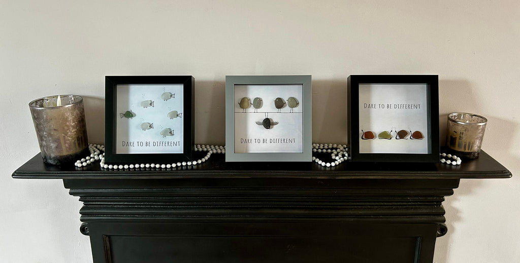 Handmade Sea Glass Fish Art – Coastal Gift in 7x7 Frame – “Dare to Be Different”