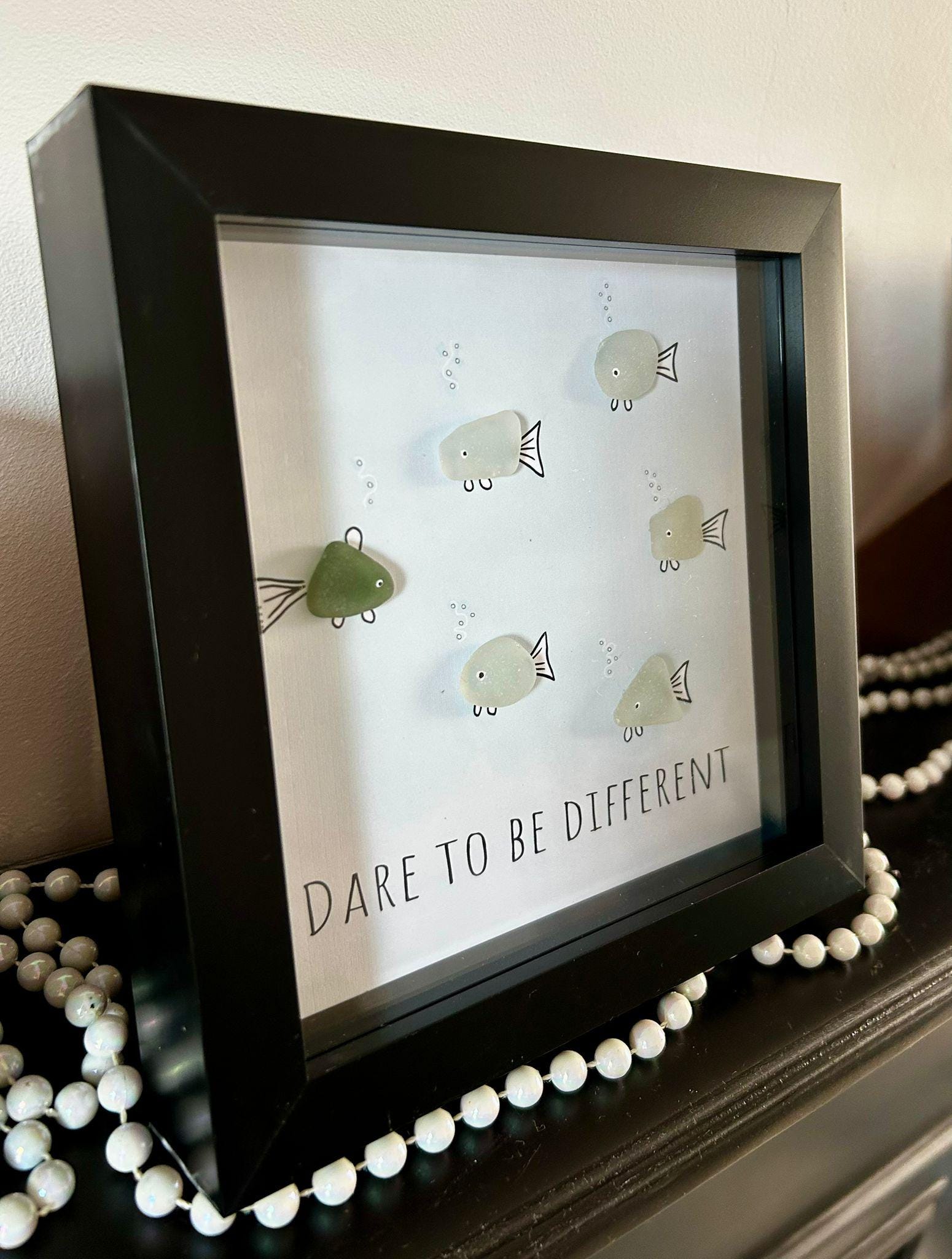 Handmade Sea Glass Fish Art – Coastal Gift in 7x7 Frame – “Dare to Be Different”