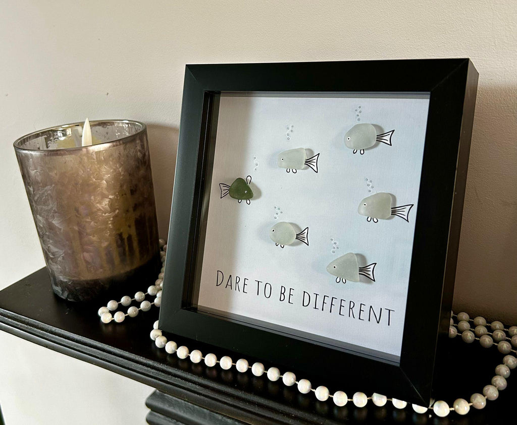 Handmade Sea Glass Fish Art – Coastal Gift in 7x7 Frame – “Dare to Be Different”